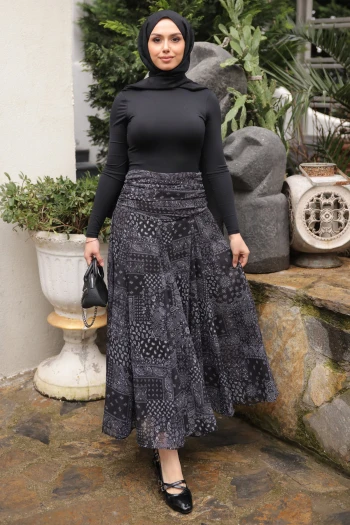 Siyah Desenli Beli Büzgü Detaylı İçi Astarlı Şifon Etek