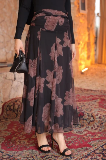 Siyah Desenli Beli Büzgü Detaylı İçi Astarlı Şifon Etek