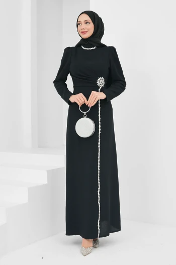 Siyah Drapeli Taş Detaylı Abiye
