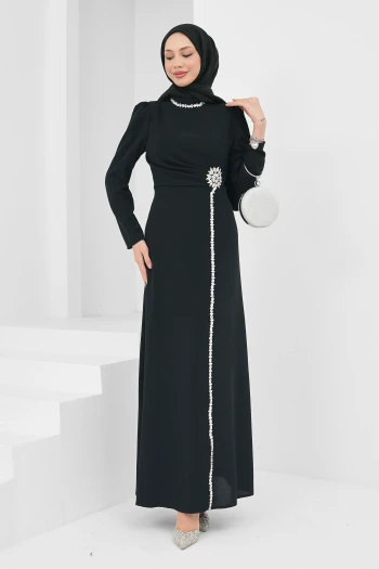Siyah Drapeli Taş Detaylı Abiye