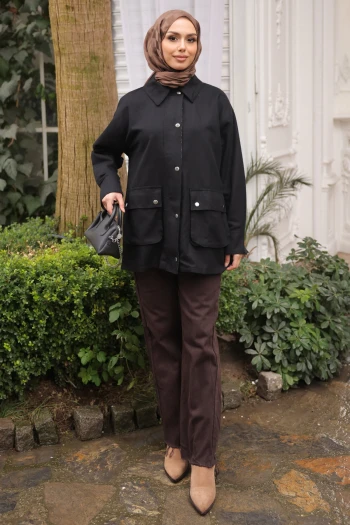 Siyah Fermuarlı Gabardin Ceket