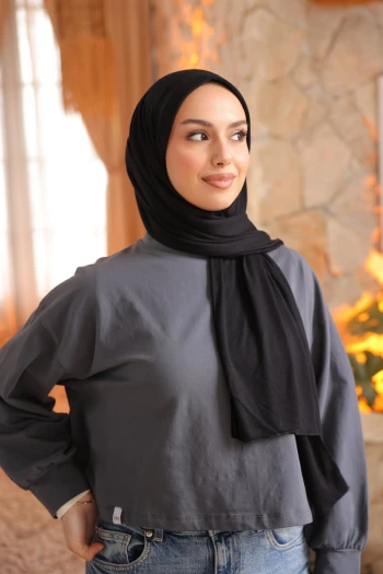 Siyah Helen Önü Süngerli Pratik Penye Şal