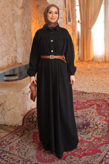 Siyah Kol Lastikli Kemerli Kot Elbise