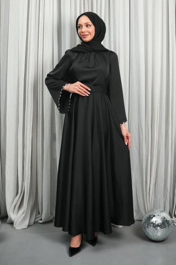 Siyah Kolları Taşlı Kuşaklı Saten Abiye