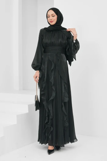 Siyah Önü Drapeli Kol Bağlamalı Abiye