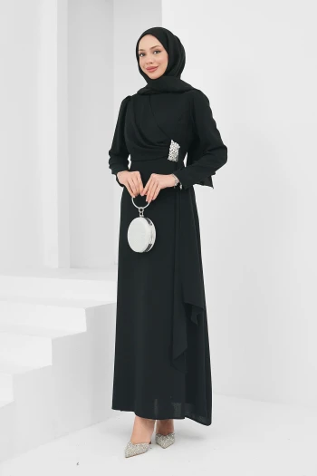 Siyah Önü Drapeli Taşlı Abiye