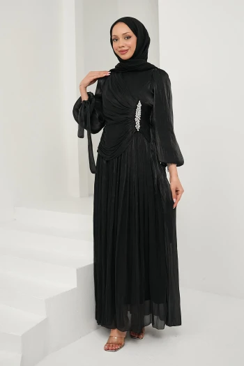Siyah Önü Taş Detaylı Kol Bağlamalı Abiye