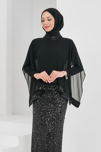 Siyah Pul Payetli Üstü Şifon Detaylı Abiye