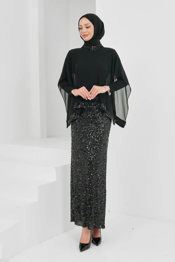 Siyah Pul Payetli Üstü Şifon Detaylı Abiye