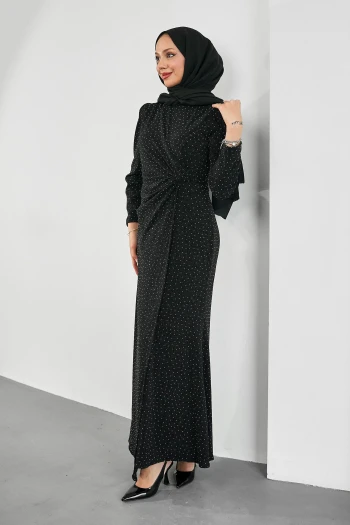 Siyah Simli Taşlı Önü Drapeli Abiye