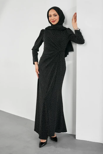 Siyah Simli Taşlı Önü Drapeli Abiye