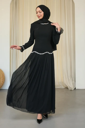 Siyah Sırt Bağlamalı Taşlı Abiye