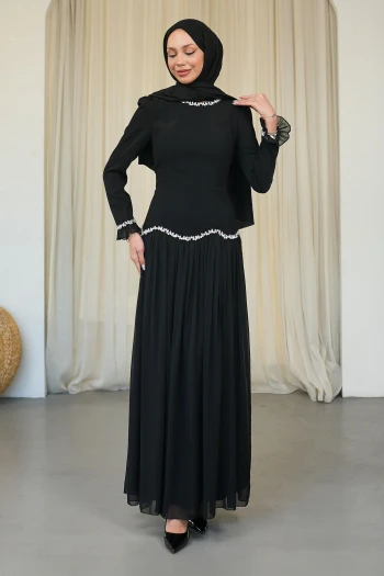 Siyah Sırt Bağlamalı Taşlı Abiye