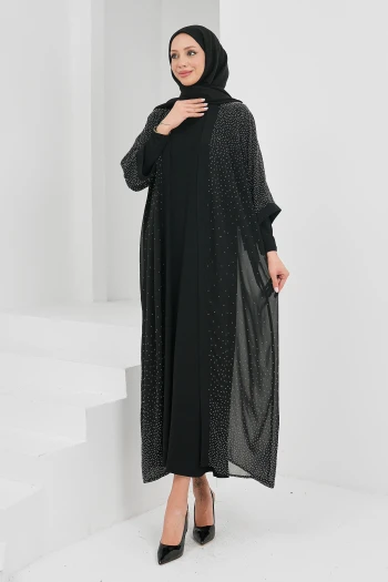Siyah Taş Detaylı İkili Abaya Takım