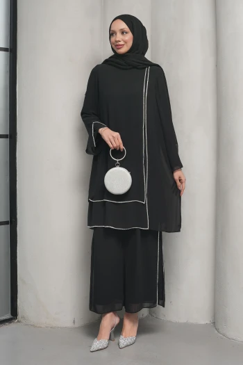Siyah Taş Detaylı Tunik Pantolonlu Abiye Takım