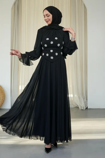 Siyah Taş İşlemeli Büstiyerli Abiye