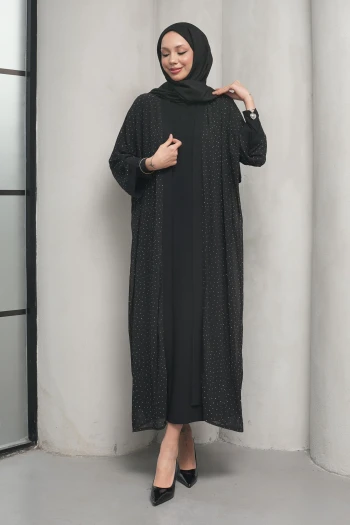 Siyah Taş İşlemeli İkili Abaya Takım