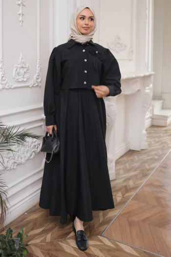Siyah Yaka Detaylı Crop Gömlek Etekli Takım