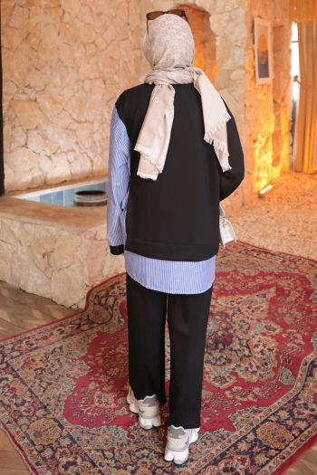 Siyah Yan Bağlamalı Modal Tunik Pantolon Takım