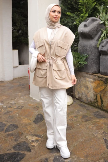 Taş Bel Bağlamalı Cepli Astarlı Gabardin Yelek