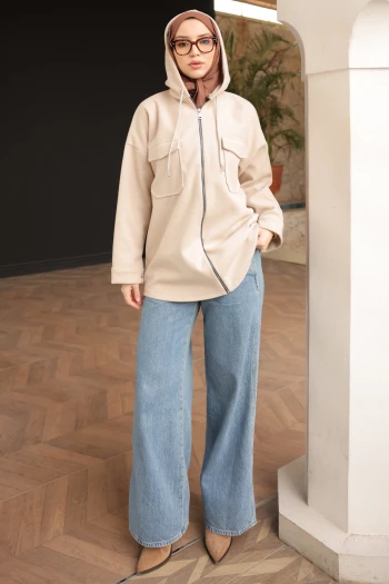 Taş Kapşonlu Fermuarlı Kaşe Ceket