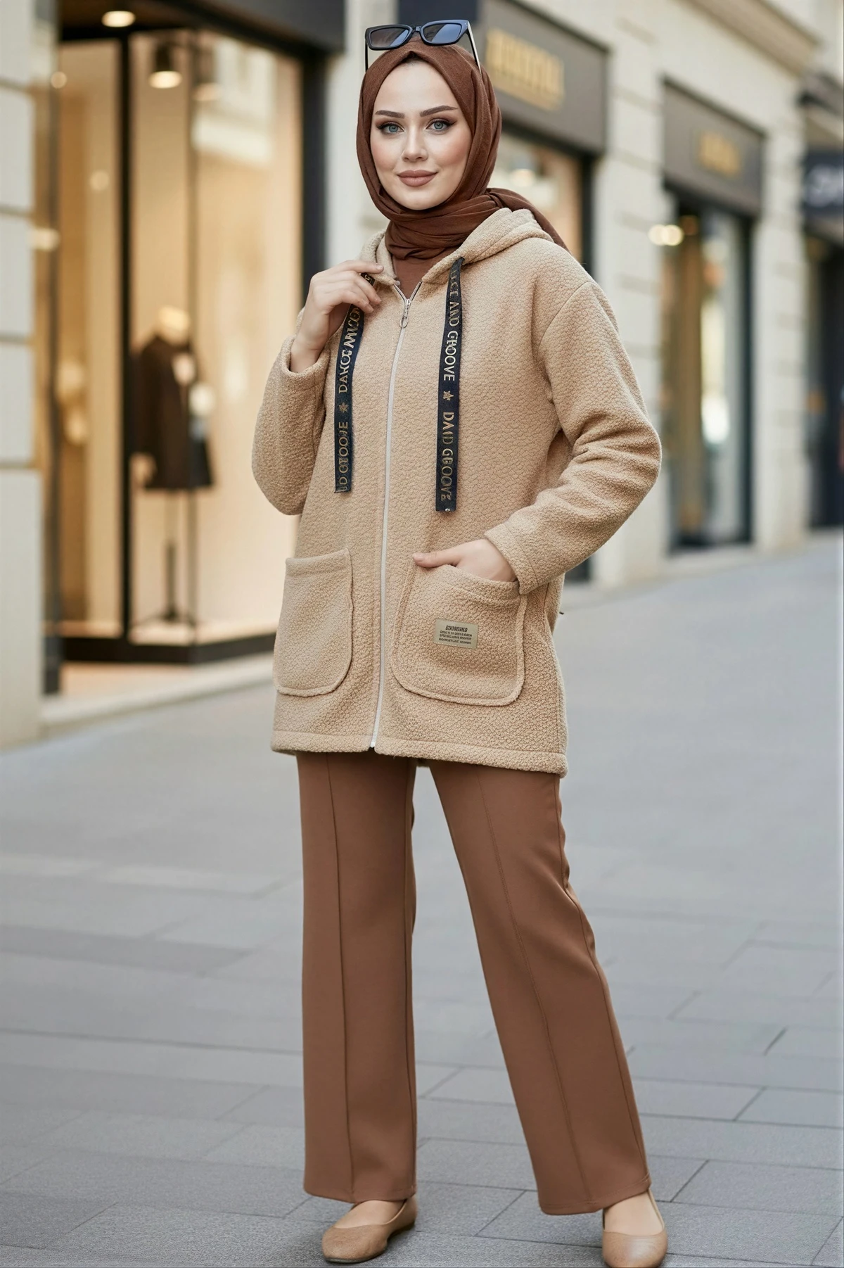 Vizon Kapşonlu Fermuarlı Buklet Ceket