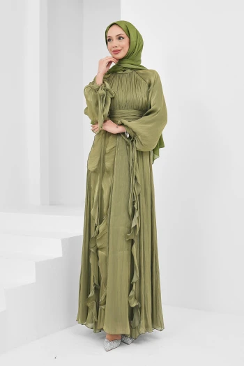 Yağ Yeşili Önü Drapeli Kol Bağlamalı Abiye