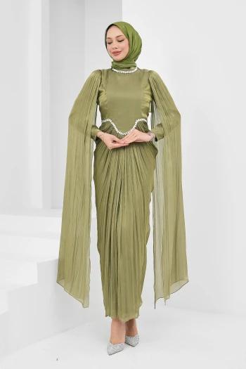 Yağ Yeşili Önü Drapeli Taşlı Abiye