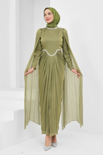 Yağ Yeşili Önü Drapeli Taşlı Abiye