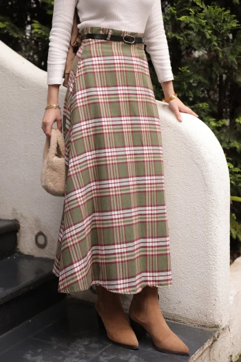 Yeşil Beli Kemerli Yandan Cepli Ekose Kloş Etek