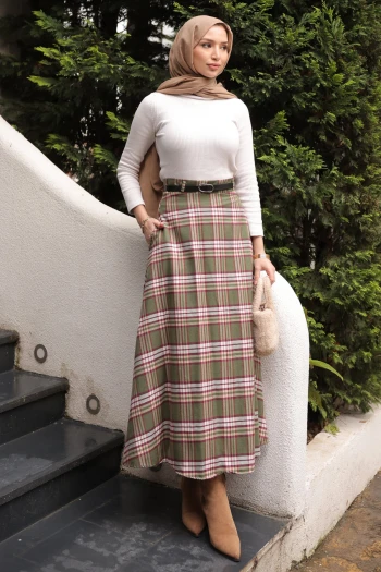 Yeşil Beli Kemerli Yandan Cepli Ekose Kloş Etek