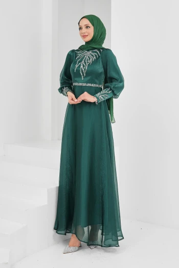 Zümrüt Yeşili Önü Taşlı Abiye