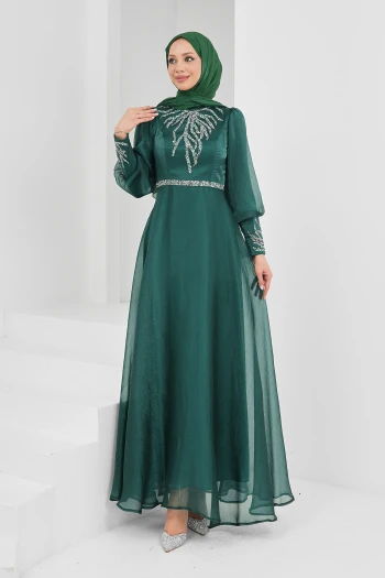 Zümrüt Yeşili Önü Taşlı Abiye