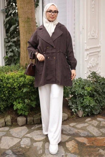 Acı Kahve Bel Lastikli Kruvaze Yaka Ceket