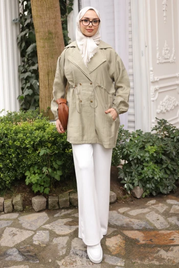 Açık Haki Bel Lastikli Kruvaze Yaka Ceket