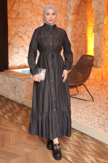 Antrasit Bel Bağlamalı Eteği Katlı Kot Elbise