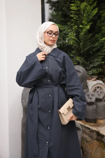 Antrasit Cepli Kuşaklı Oversize Trençkot