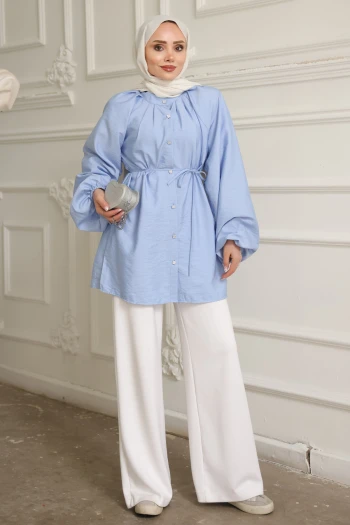 Bebe Mavi Balon Kol Kuşaklı Gömlek