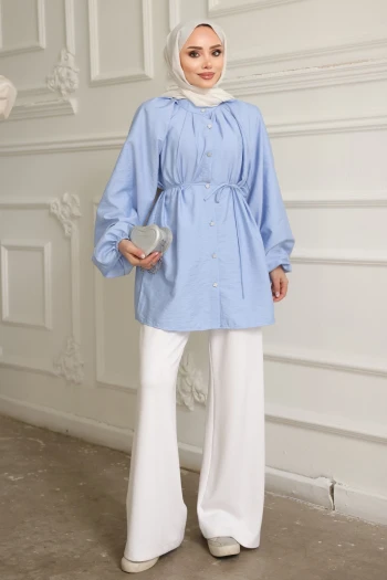 Bebe Mavi Balon Kol Kuşaklı Gömlek