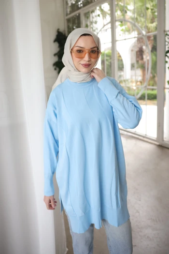 Bebe Mavi Bisiklet Yaka Soğuk İplik Triko Tunik