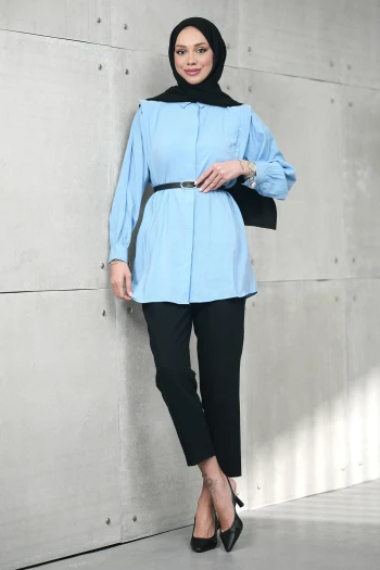 Bebe Mavi Gizli Patlı Belden Kemerli Modal Dokuma Tunik