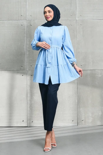 Bebe Mavi Kol Lastikli Eteği Katlı Tunik