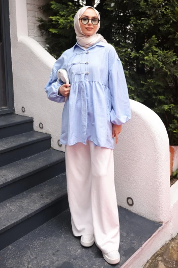 Bebe Mavi Kol Lastikli Önü Düğmeli Biyeli Tunik