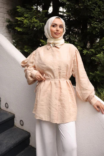 Bej Bel Bağlamalı Broşlu Modal Tunik