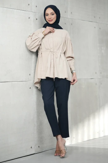 Bej Bel Bağlamalı Modal Salaş Tunik