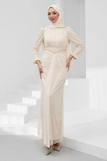 Bej Bel Detaylı Balık Model Güpürlü Abiye