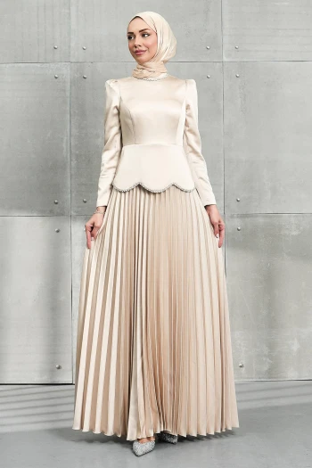 Bej Beli Taş Detaylı Etek Pileli Saten Abiye