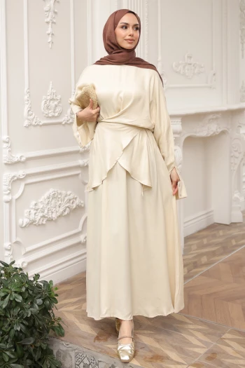 Bej Floş Saten Ön Detaylı Bluz Etekli Takım