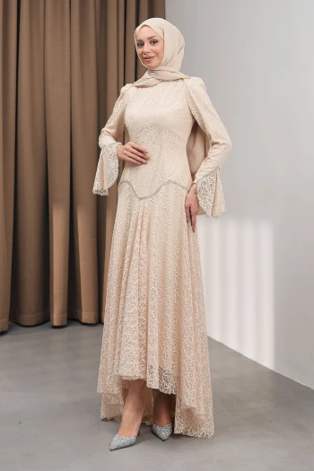 Bej Güpürlü Astarlı Taşlı Abiye