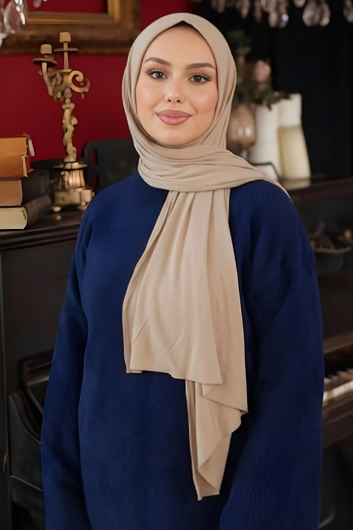 Bej Helen Önü Süngerli Pratik Penye Şal